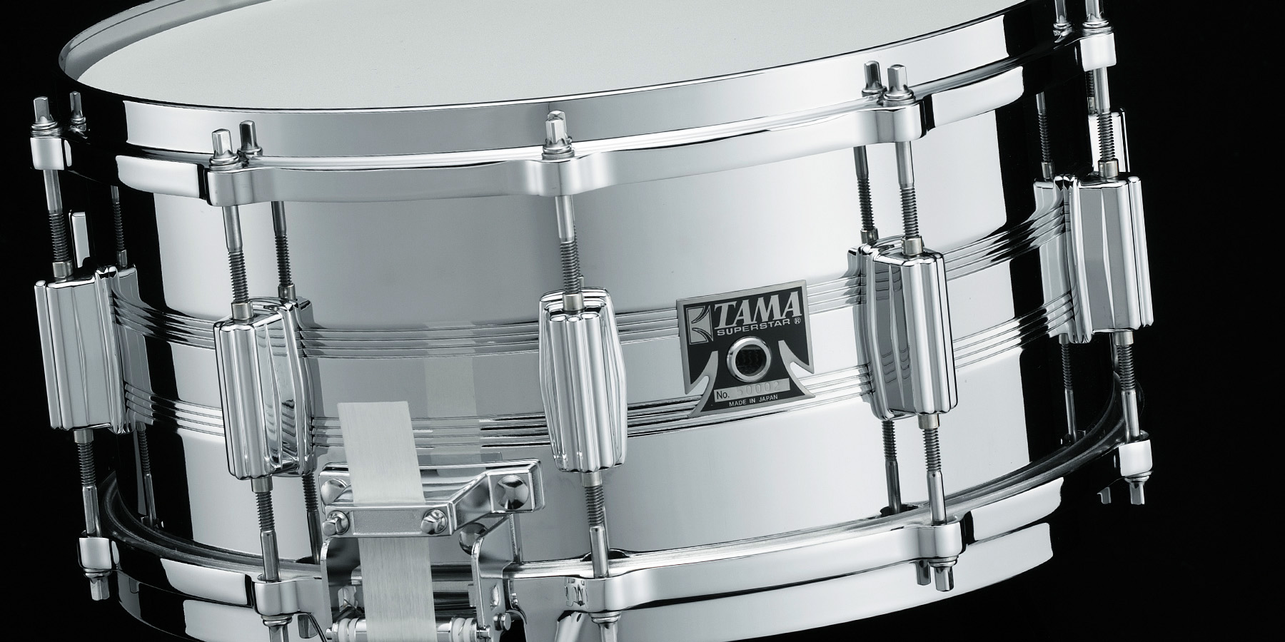 Tama 50th Limited Mastercraft Steel Reissue snare with 8-line centre groove