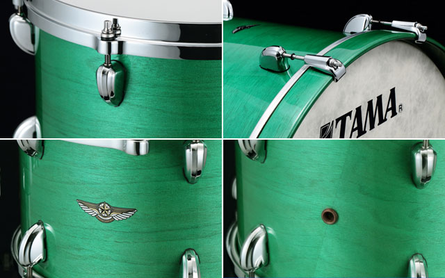 Tama STAR low-mass lugs, floating claw hooks, imprinted badge and wooden air-hole grommet