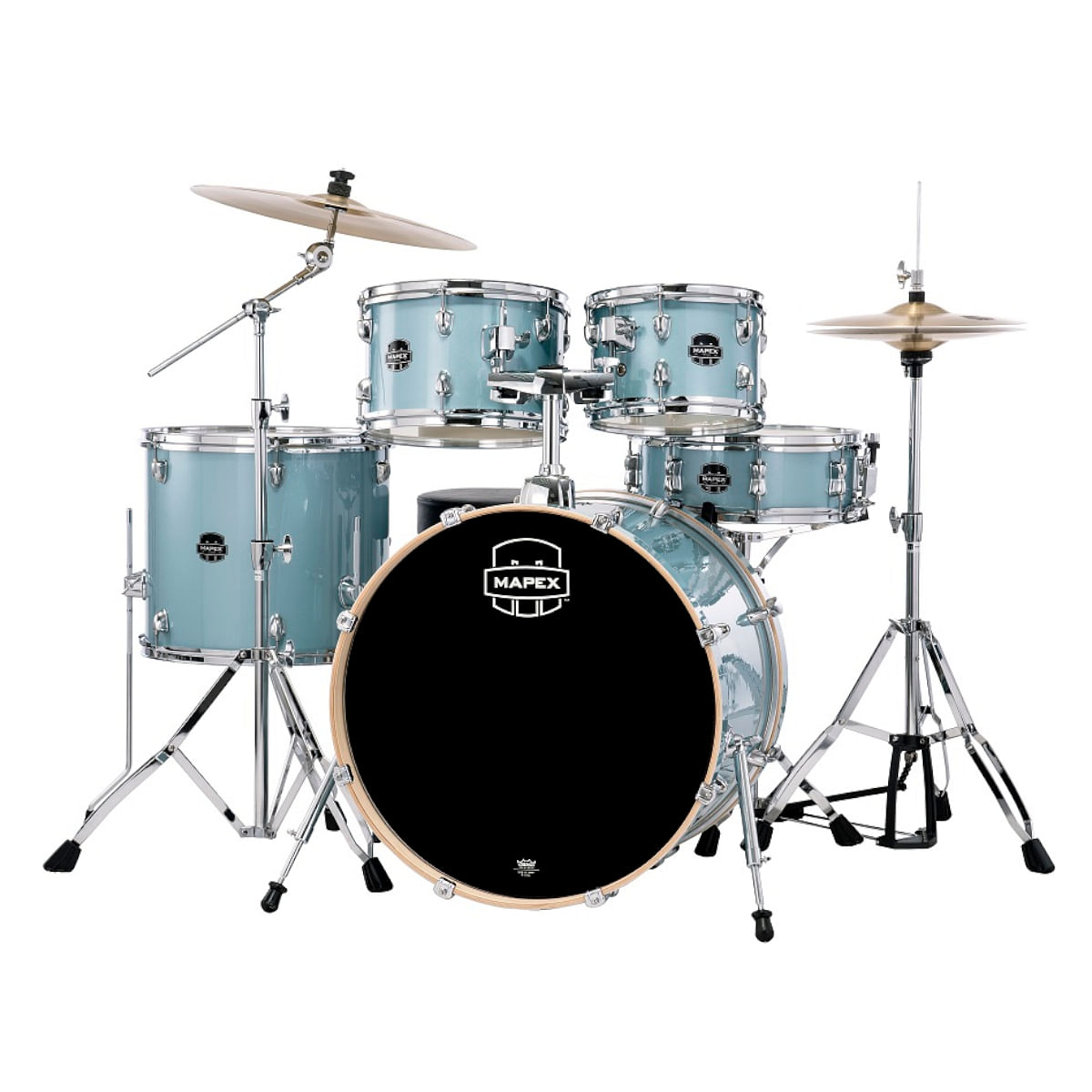 Mapex Venus VE5295FTCVJ 5-Piece Rock Drum Kit with Hardware, Cymbals & Throne, Aqua Blue Sparkle - product image