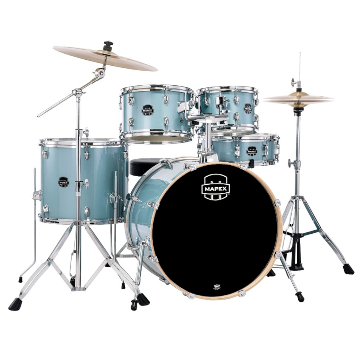 Mapex Venus VE5295FTCVJ 5-Piece Rock Drum Kit with Hardware, Cymbals & Throne, Aqua Blue Sparkle - product image