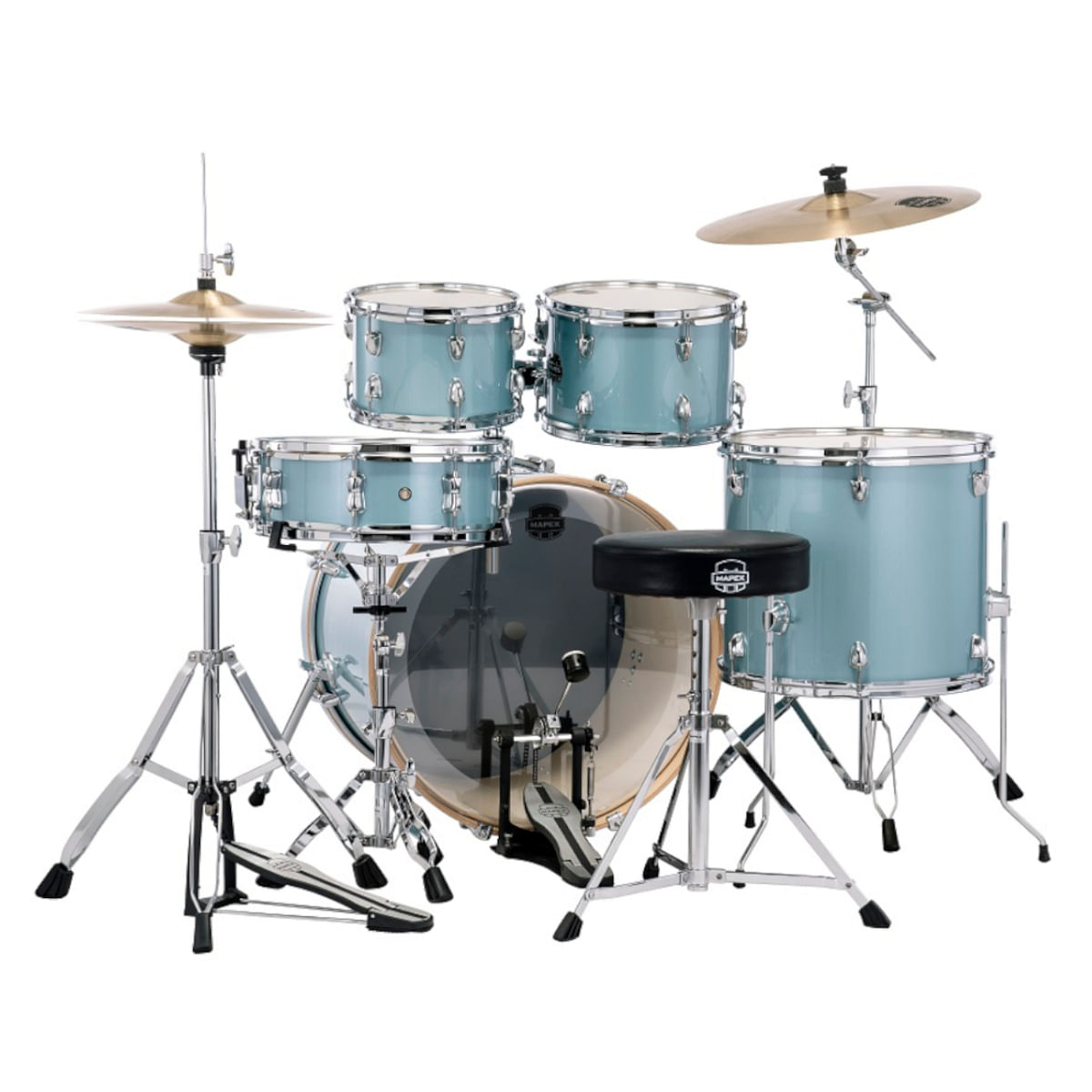 Mapex Venus VE5295FTCVJ 5-Piece Rock Drum Kit with Hardware, Cymbals & Throne, Aqua Blue Sparkle - product image
