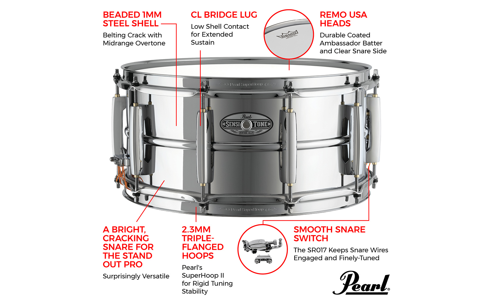Pearl SensiTone Heritage Alloy Steel 14x6.5" Snare Drum – STH1465S - product image