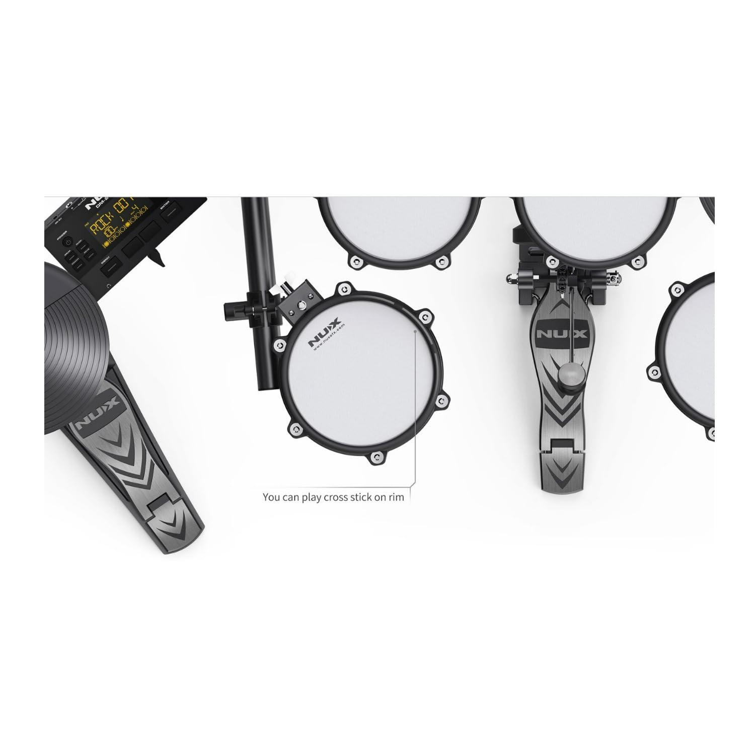 NUX DM-210 dual-trigger mesh snare with cross-stick rim response