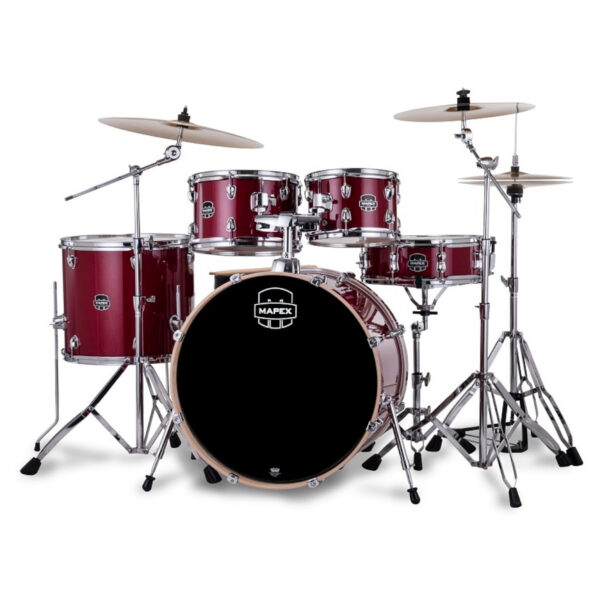 Mapex Venus VE5295FTCVM 5-Piece Rock Drum Kit with Hardware, Cymbals & Throne, Crimson Red Sparkle - product image