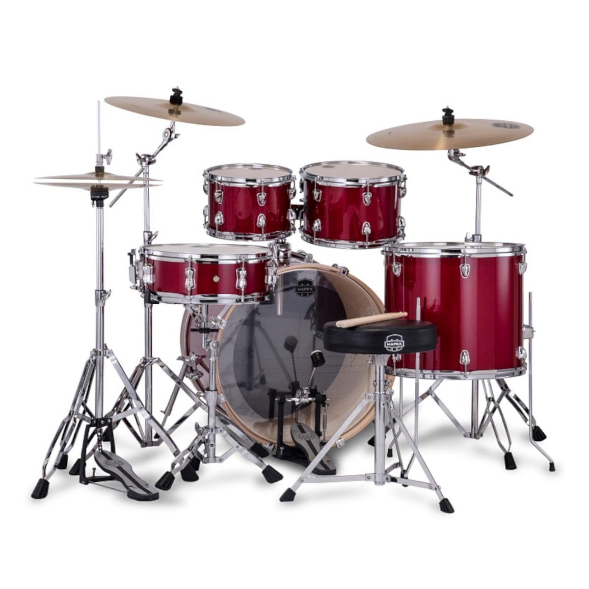 Mapex Venus VE5295FTCVM 5-Piece Rock Drum Kit with Hardware, Cymbals & Throne, Crimson Red Sparkle - product image