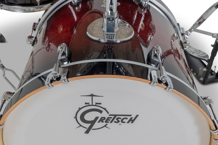 Gretsch Catalina Maple bass drum in Deep Cherry Burst with matching maple hoop