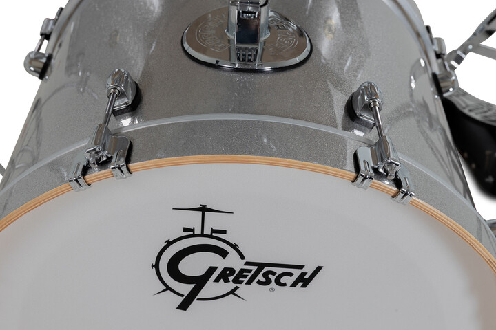 Gretsch Catalina Maple bass drum in Silver Sparkle with matching maple hoop