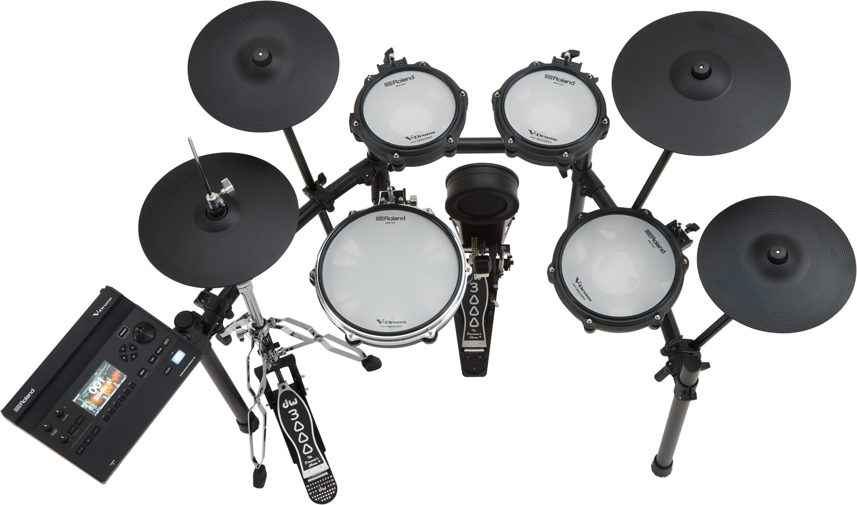 Roland TD316 electronic drum kit top view with PD-12P snare and dual crash cymbals