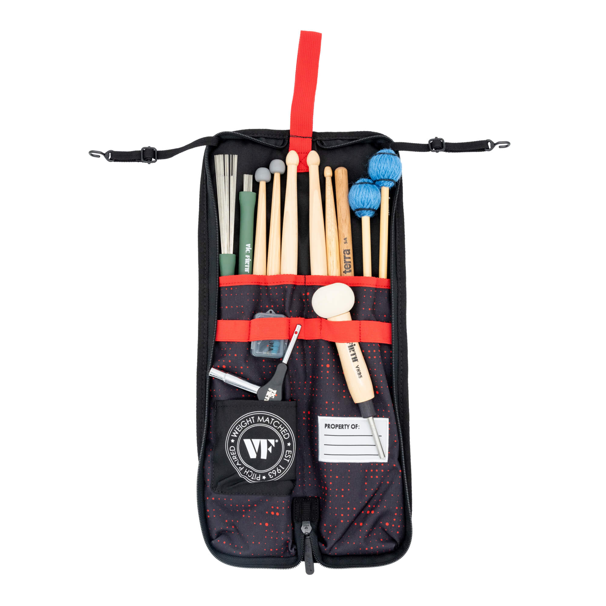 Vic Firth Essential Stick Bag – Red Dot, open with sticks