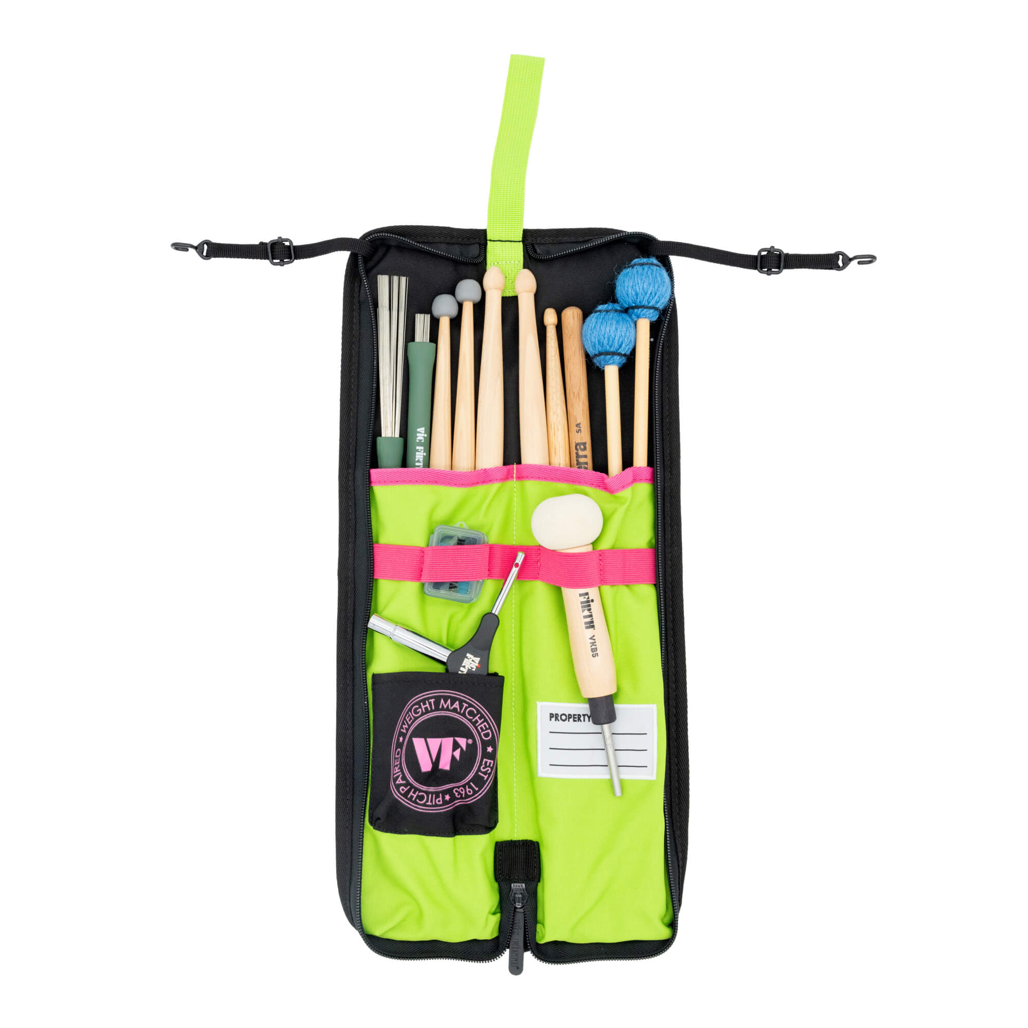 Vic Firth Essential Stick Bag – Neon, open with sticks