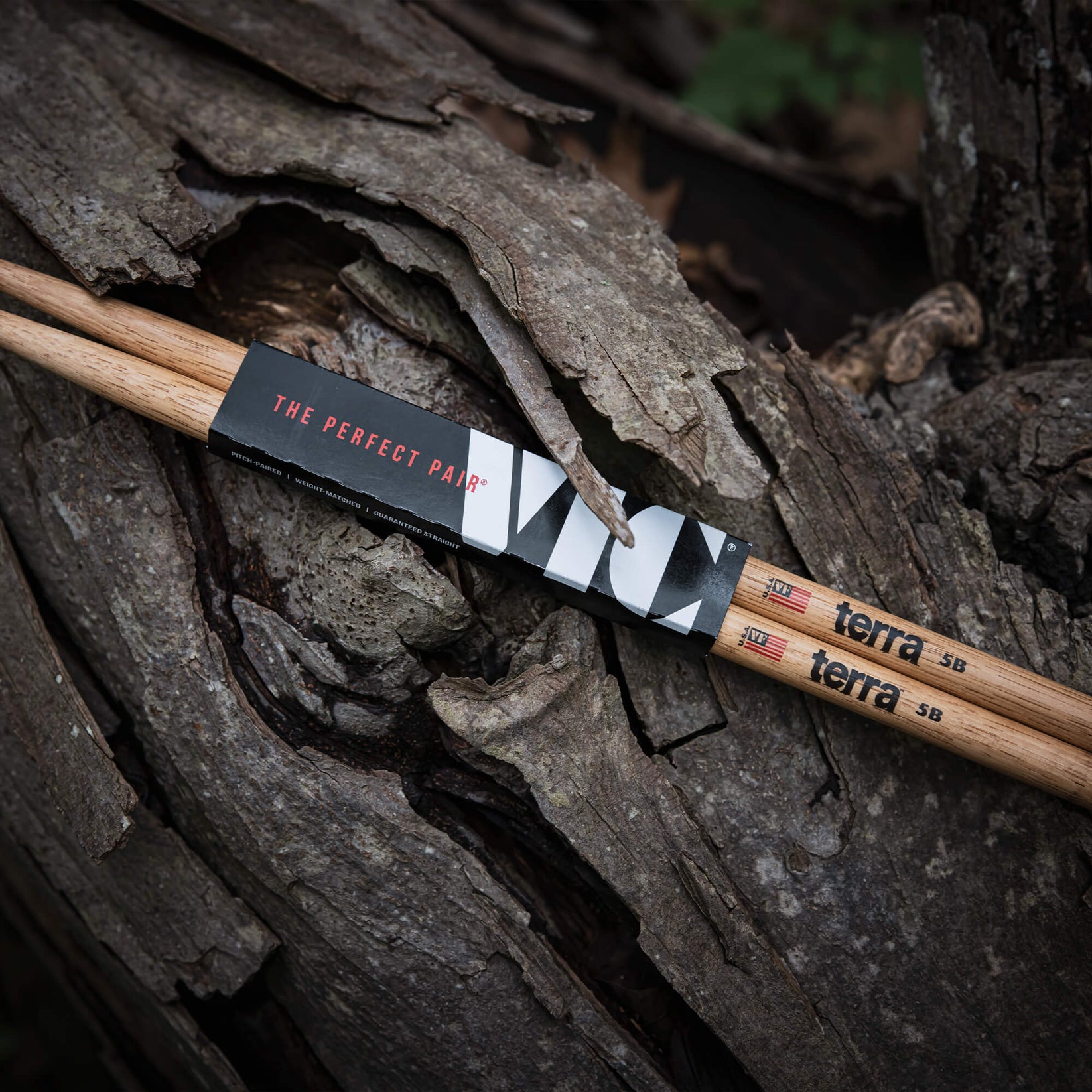 Vic Firth Terra 5B drumsticks showing stained hickory grain