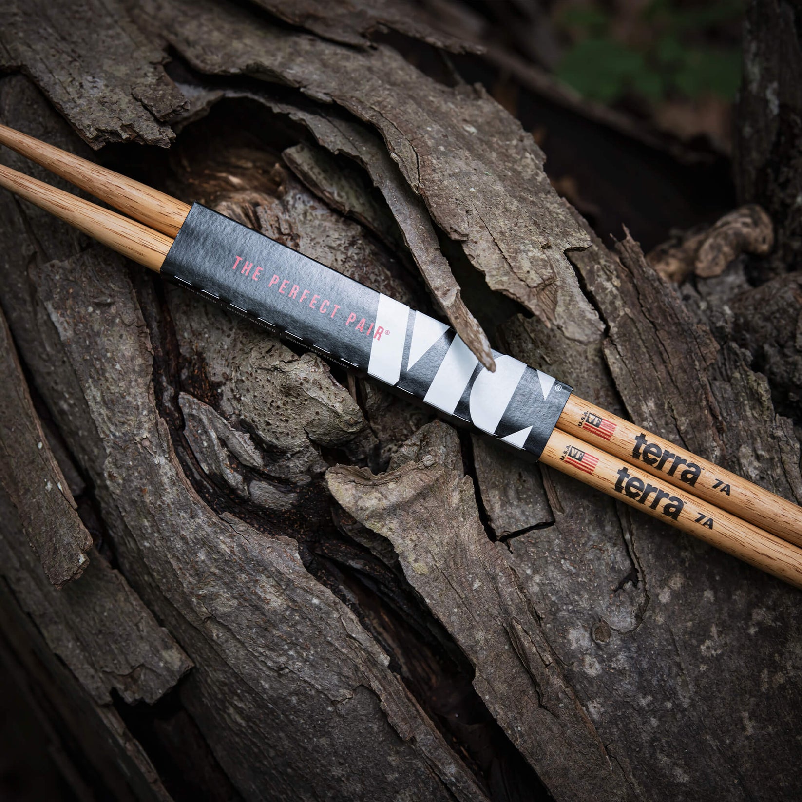 Vic Firth Terra 7A drumsticks showing stained hickory grain
